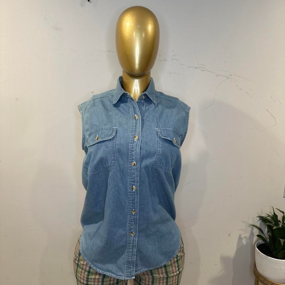 Vintage 90s Sleeveless Giorgio Saint Angelo‎ denim button shirt oversized SMALL
